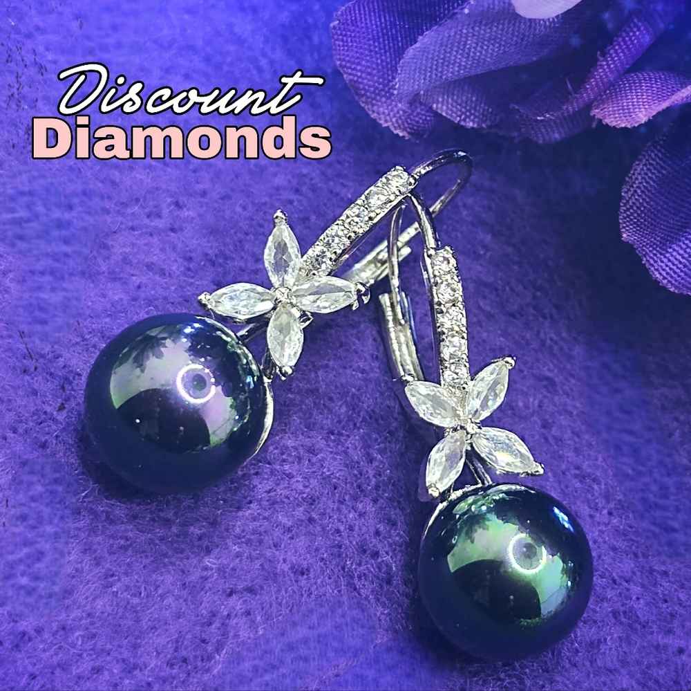 10mm Black Rainbow South Sea Shell Pearl & White Baguette Diamond Earrings 925 - Picture 10 of 12